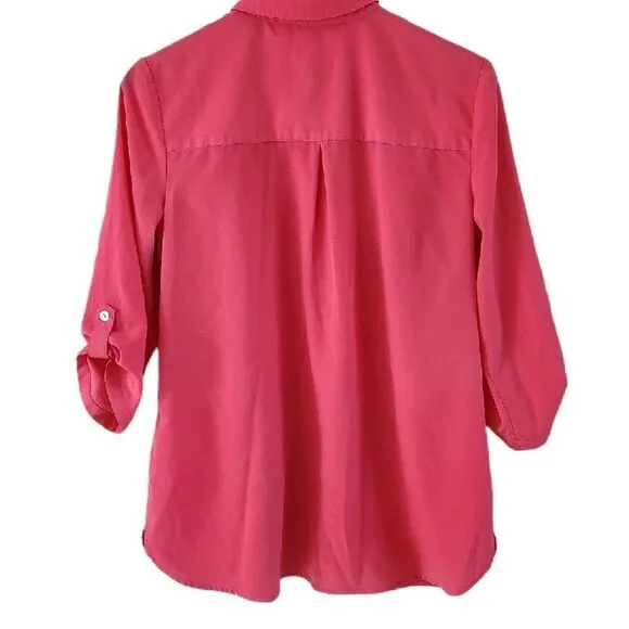 Chicos Pink Polyester Quarter Button Front 3/4 Roll Tab Sleeves Tunic Size 1 M 8 - Picture 6 of 6